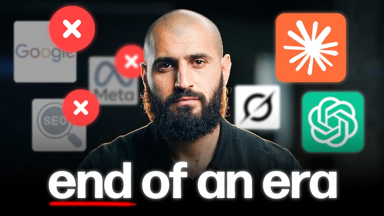 Bald, bearded man with crossed-out Google, Meta and SEO graphics, app logos, and end of an era text