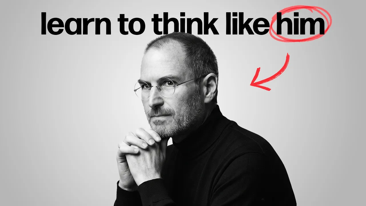 Black-and-white portrait of a bespectacled man in a black turtleneck beneath the words learn to think like him, with the word him circled in red