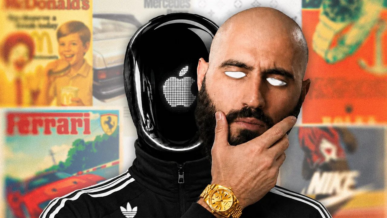 A helmeted figure holding an edited bearded head in front of a collage of brand advertisements