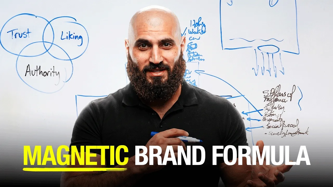 A bald, bearded man holding a marker beside a whiteboard under the words Magnetic Brand Formula