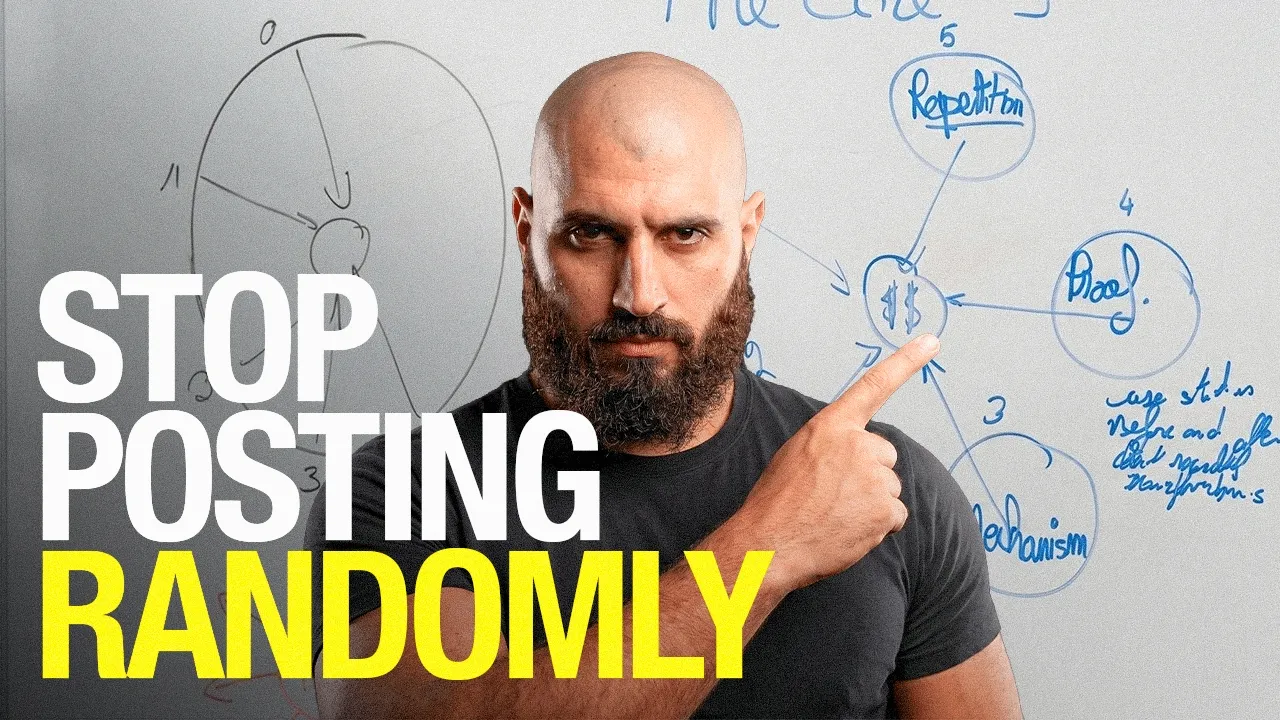Bald, bearded man points at a whiteboard labeled Repetition, Proof, Mechanism, and dollar signs under the words Stop Posting Randomly