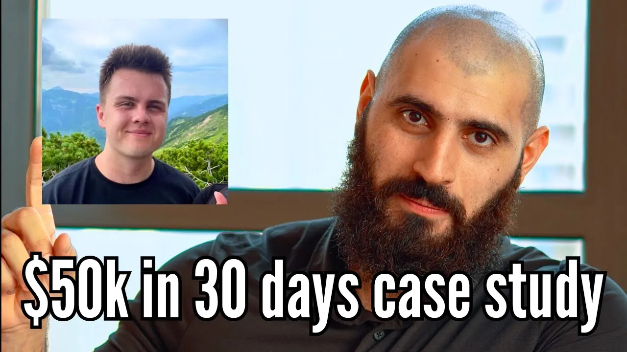 Video thumbnail showing Leon Abboud pointing beside a man in the mountains, with text reading $50k in 30 days case study