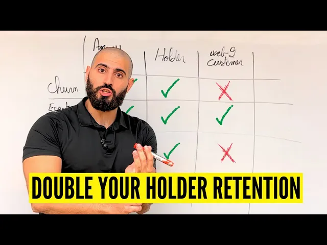 A bald, bearded man holding a marker in front of a whiteboard chart with green check marks and red Xs, above a yellow banner reading Double Your Holder Retention
